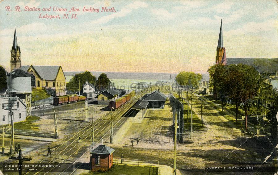 Postcard: Railroad Station and Union Avenue looking North, Lakeport, New Hampshire